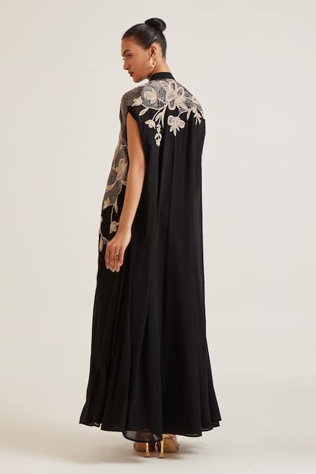 Shop_Pankaj & Nidhi_Black Vera Floral Hand Embellished Cape _at_Aza_Fashions