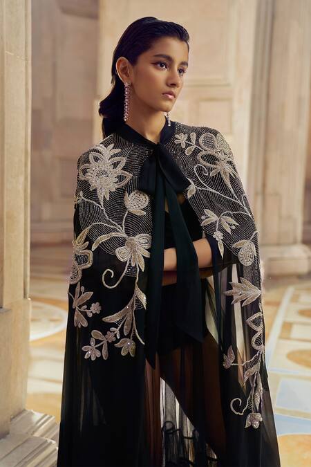 Pankaj & Nidhi_Black Vera Floral Hand Embellished Cape _Online_at_Aza_Fashions