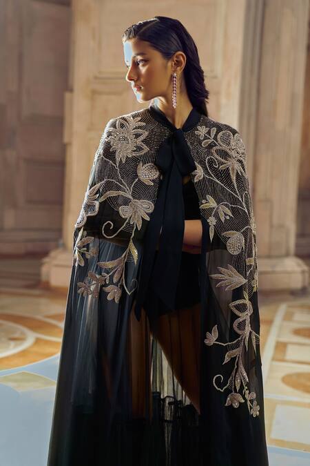 Shop_Pankaj & Nidhi_Black Vera Floral Hand Embellished Cape _Online_at_Aza_Fashions