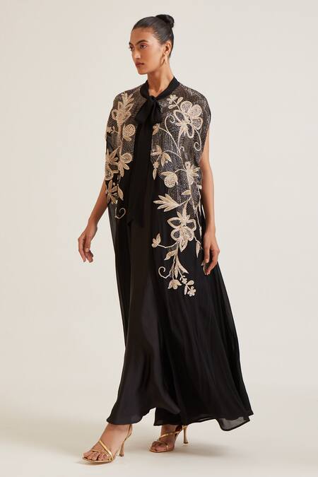 Pankaj & Nidhi_Black Vera Floral Hand Embellished Cape _at_Aza_Fashions