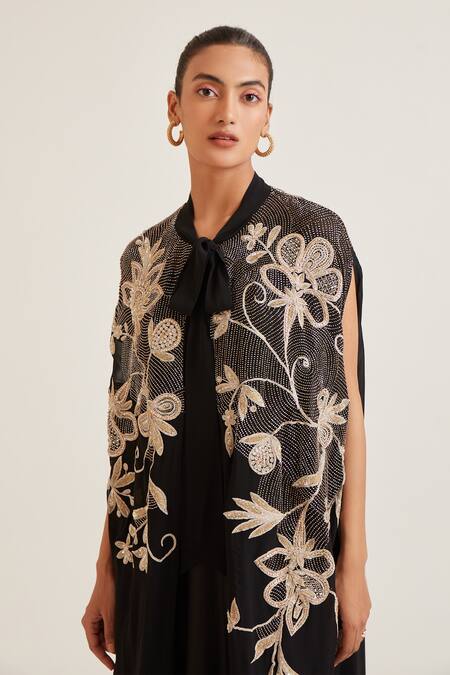Buy_Pankaj & Nidhi_Black Vera Floral Hand Embellished Cape 