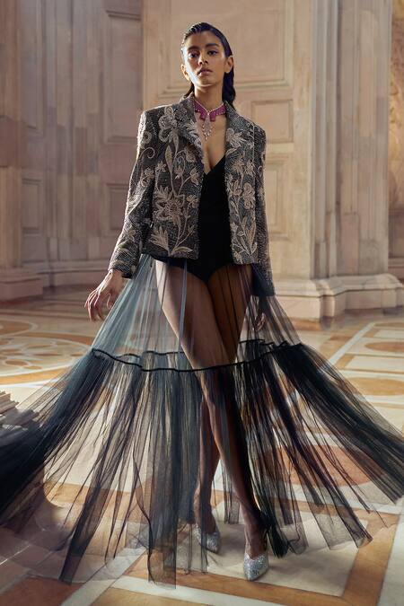 Buy Pankaj & Nidhi Black Tulle, Silk Organza Sequins, Vera Floral Bloom Hand Embellished Jacket Online at Aza Fashions Buy_Pankaj & Nidhi_Black Tulle, Silk Organza Sequins, Vera Floral Bloom Hand Embellished Jacket _Online_at_Aza_Fashions