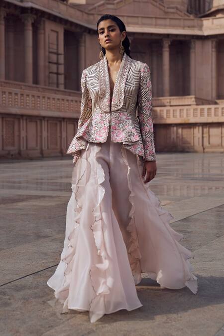 Buy_Pankaj & Nidhi_Pink Tulle, Silk Organza Embroidery Zora Hand Embellished Jacket With Sharara _Online_at_Aza_Fashions