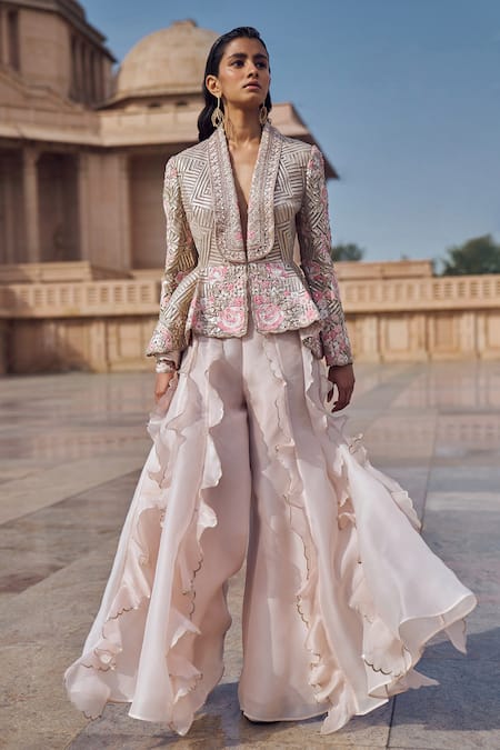 Shop_Pankaj & Nidhi_Pink Tulle, Silk Organza Embroidery Zora Hand Embellished Jacket With Sharara _Online_at_Aza_Fashions