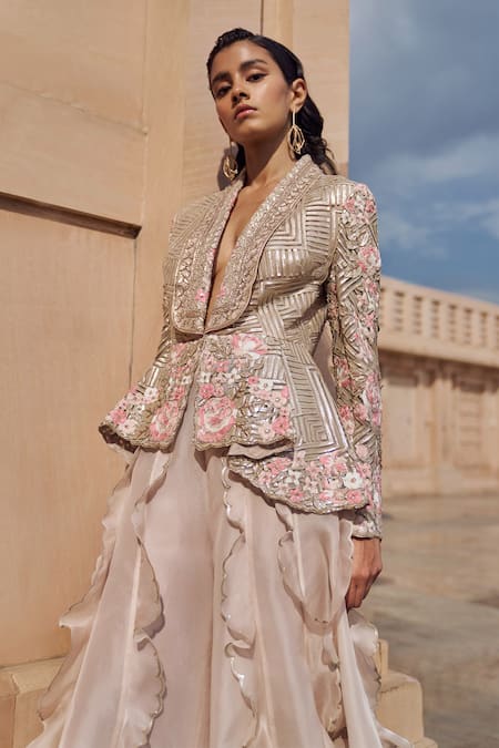 Pankaj & Nidhi_Pink Tulle, Silk Organza Embroidery Zora Hand Embellished Jacket With Sharara _at_Aza_Fashions