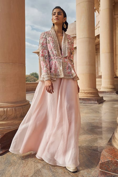 Pankaj & Nidhi Pink Tulle Zora Floral Hand Embellished Jacket With Sharara 