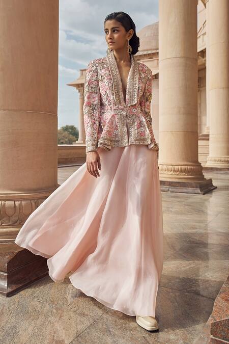Pankaj & Nidhi Pink Tulle, Silk Organza Zora Floral Hand Embellished Jacket With Sharara Online at Aza Fashions Pankaj & Nidhi_Pink Tulle, Silk Organza Zora Floral Hand Embellished Jacket With Sharara _Online_at_Aza_Fashions