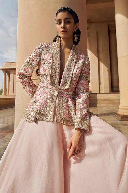 Buy Pankaj & Nidhi Pink Tulle, Silk Organza Zora Floral Hand Embellished Jacket With Sharara Online at Aza Fashions Buy_Pankaj & Nidhi_Pink Tulle, Silk Organza Zora Floral Hand Embellished Jacket With Sharara _Online_at_Aza_Fashions