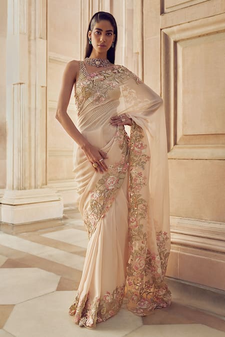 Pankaj & Nidhi Zora Flower Hand Embellished Saree Cape Set 
