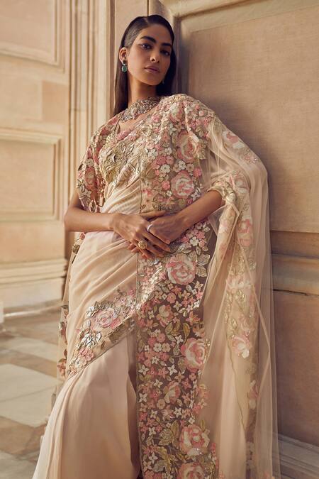 Buy Women Light Pink Sequin And Gota Embroidered Saree Set With Stitched  Contrast Blouse - Sorbet Hues - Indya