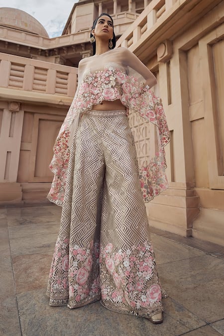 Pankaj & Nidhi Zora Asymmetric Hand Embellished Cape Sharara Set 