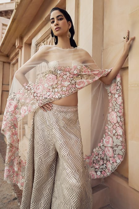 Shop Pankaj & Nidhi Pink Tulle, Silk Organza Zora Asymmetric Hand Embellished Cape Sharara Set Online at Aza Fashions Shop_Pankaj & Nidhi_Pink Tulle, Silk Organza Zora Asymmetric Hand Embellished Cape Sharara Set _Online_at_Aza_Fashions