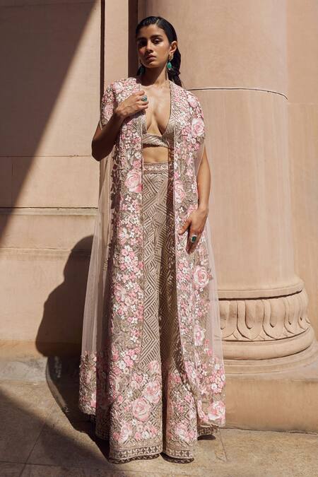 Buy Pankaj & Nidhi Pink Silk Organza, Tulle Zora Floral Bloom Embellished Cape Sharara Set Online at Aza Fashions Buy_Pankaj & Nidhi_Pink Silk Organza, Tulle Zora Floral Bloom Embellished Cape Sharara Set _Online_at_Aza_Fashions