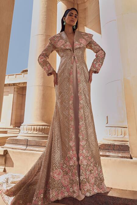 Buy_Pankaj & Nidhi_Pink Silk Organza, Tulle, Crepe Zora Hand Embellished Kalidar Jacket With Skirt _Online_at_Aza_Fashions