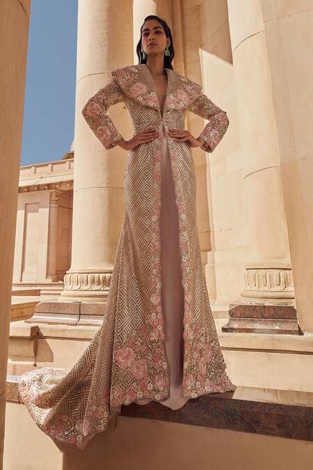 Shop_Pankaj & Nidhi_Pink Silk Organza, Tulle, Crepe Zora Hand Embellished Kalidar Jacket With Skirt _Online_at_Aza_Fashions