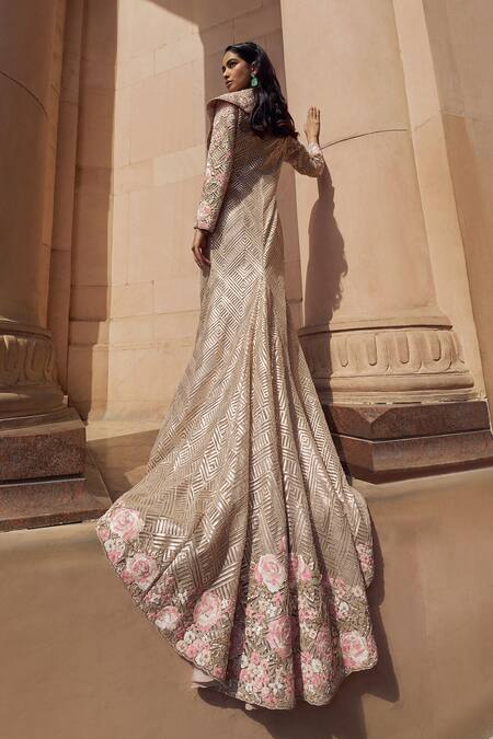 Pankaj & Nidhi_Pink Silk Organza, Tulle, Crepe Zora Hand Embellished Kalidar Jacket With Skirt _at_Aza_Fashions