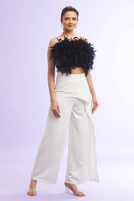 Naintara Bajaj Black Polyester Solid Straight Fur Lined Crop Top With Contrast Pant