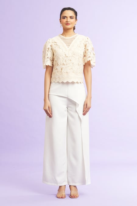 Samyukta Singhania_Cream Lace Embroidery Round Neck Floral Cutwork Top _Online_at_Aza_Fashions