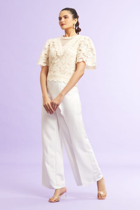 Buy_Samyukta Singhania_Cream Lace Embroidery Round Neck Floral Cutwork Top _Online_at_Aza_Fashions
