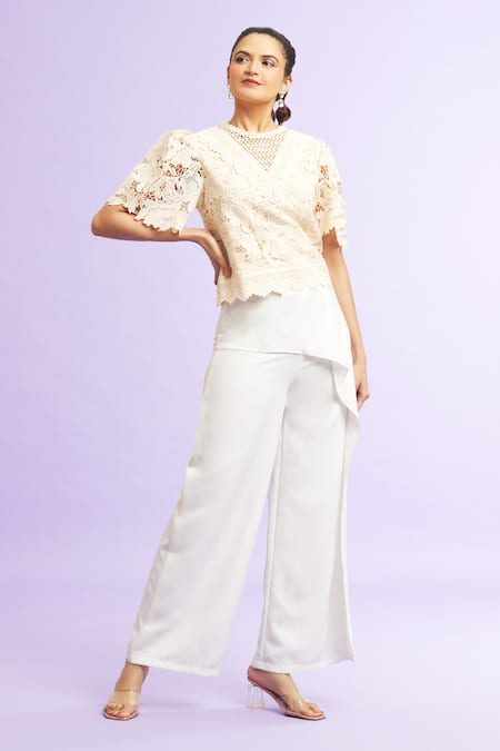 Shop_Samyukta Singhania_Cream Lace Embroidery Round Neck Floral Cutwork Top _Online_at_Aza_Fashions