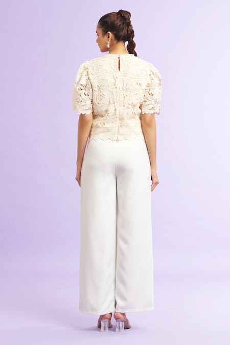 Shop_Samyukta Singhania_Cream Lace Embroidery Round Neck Floral Cutwork Top _at_Aza_Fashions
