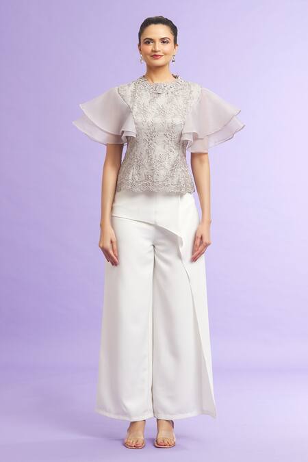 Samyukta Singhania_Grey Organza, Lace Embroidery Round Neck Floral Pattern Top_Online_at_Aza_Fashions