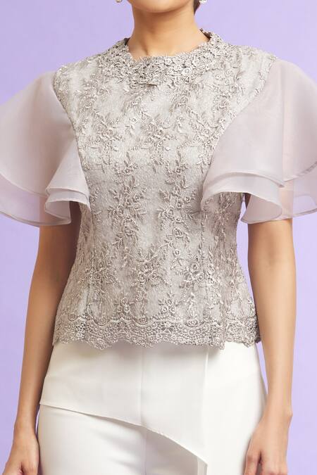 Shop_Samyukta Singhania_Grey Organza, Lace Embroidery Round Neck Floral Pattern Top_Online_at_Aza_Fashions