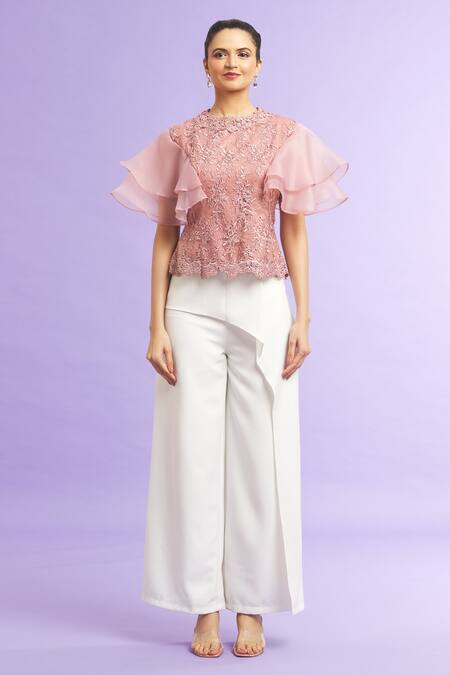 Khwaab By Sanjana Lakhani_Pink Organza, Lace Embroidery Round Neck Floret Pattern Top_Online_at_Aza_Fashions