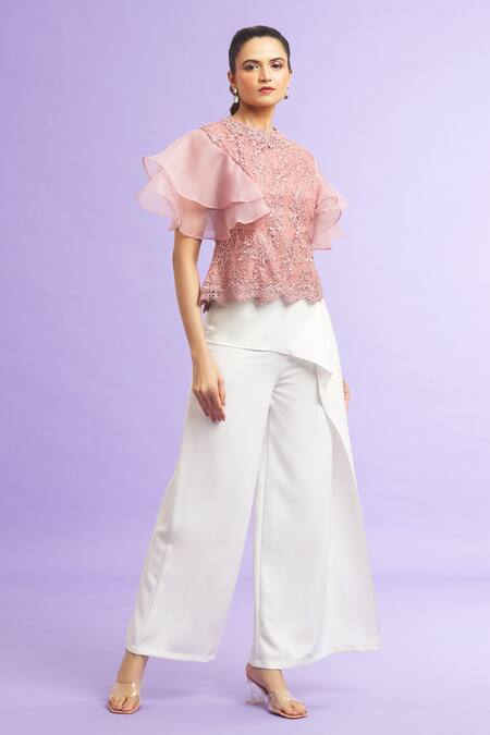 Buy_Khwaab By Sanjana Lakhani_Pink Organza, Lace Embroidery Round Neck Floret Pattern Top_Online_at_Aza_Fashions