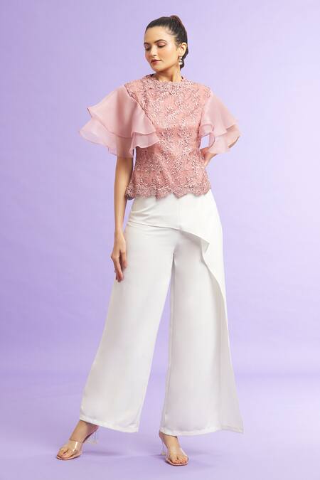 Shop_Khwaab By Sanjana Lakhani_Pink Organza, Lace Embroidery Round Neck Floret Pattern Top_Online_at_Aza_Fashions