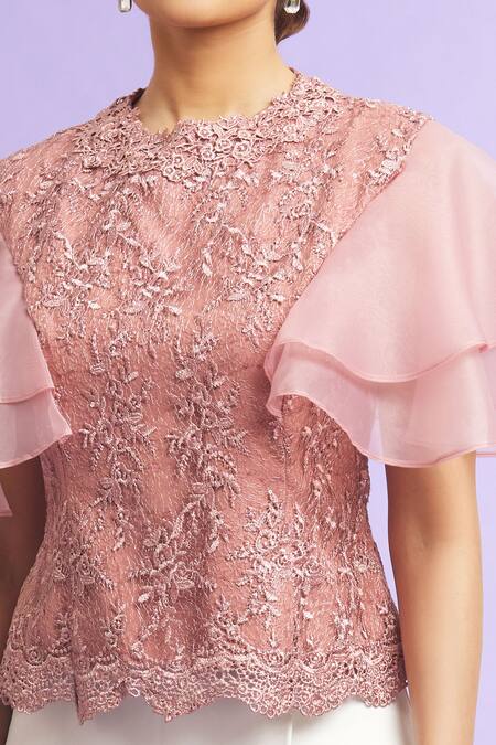 Khwaab By Sanjana Lakhani_Pink Organza, Lace Embroidery Round Neck Floret Pattern Top_at_Aza_Fashions