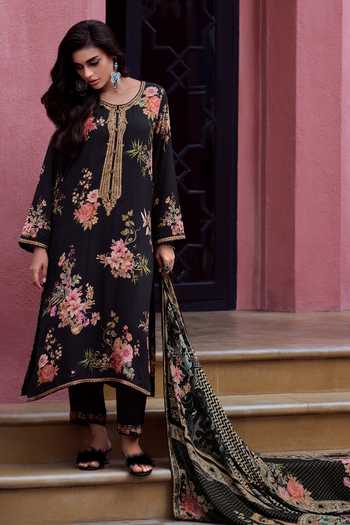 Women Muslin Black Ornamental Print Kurta Comfort Pant Dupatta main image 0
