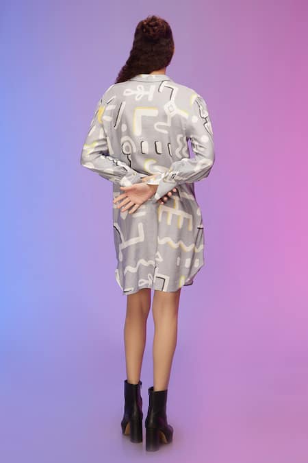 Shop So Us By Sougatpaul Blue Cotton Collared Abstract Print Shirt Dress at Aza Fashions Shop_So Us By Sougatpaul_Blue Cotton Collared Abstract Print Shirt Dress _at_Aza_Fashions