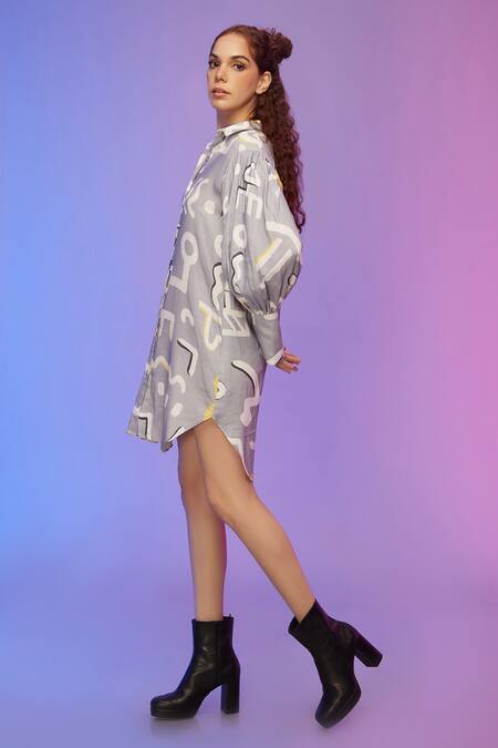 So Us By Sougatpaul Blue Cotton Collared Abstract Print Shirt Dress Online at Aza Fashions So Us By Sougatpaul_Blue Cotton Collared Abstract Print Shirt Dress _Online_at_Aza_Fashions