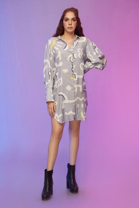 So Us By Sougatpaul Blue Cotton Collared Abstract Print Shirt Dress at Aza Fashions So Us By Sougatpaul_Blue Cotton Collared Abstract Print Shirt Dress _at_Aza_Fashions