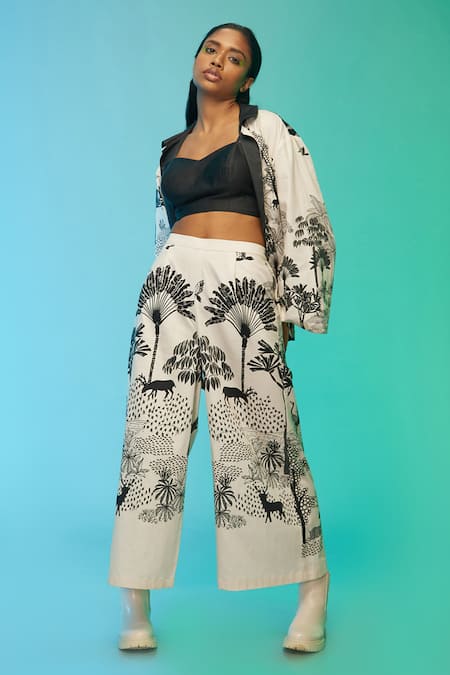 So Us By Sougatpaul Off White Cotton Collared The Safari Print Jacket Pant Set 