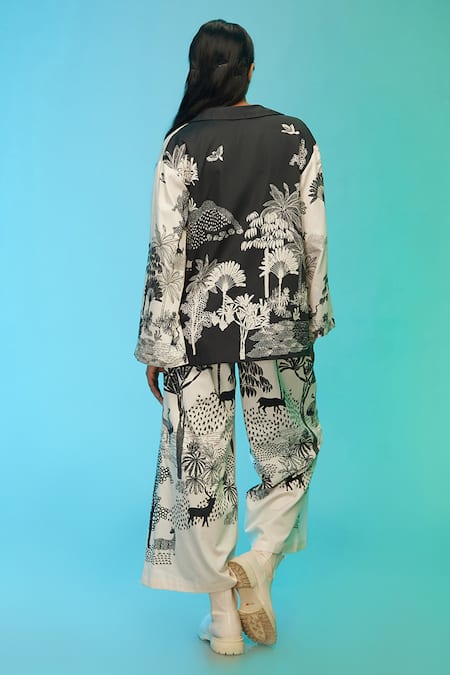 Shop So Us By Sougatpaul Off White Cotton Collared The Safari Print Jacket Pant Set at Aza Fashions Shop_So Us By Sougatpaul_Off White Cotton Collared The Safari Print Jacket Pant Set _at_Aza_Fashions