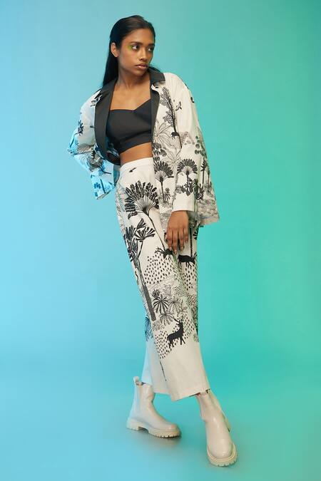Buy So Us By Sougatpaul Off White Cotton Collared The Safari Print Jacket Pant Set Online at Aza Fashions Buy_So Us By Sougatpaul_Off White Cotton Collared The Safari Print Jacket Pant Set _Online_at_Aza_Fashions