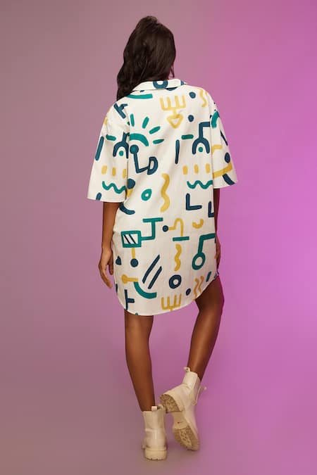 Shop So Us By Sougatpaul White Cotton Collared Laid Back Printed Boxy Dress at Aza Fashions Shop_So Us By Sougatpaul_White Cotton Collared Laid Back Printed Boxy Dress _at_Aza_Fashions