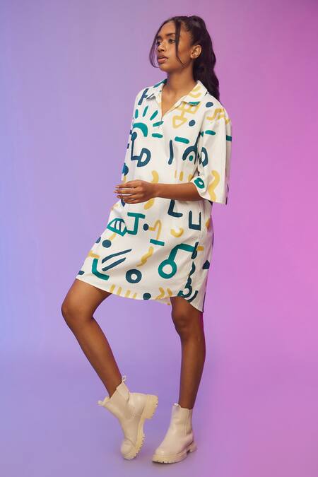 Buy So Us By Sougatpaul White Cotton Collared Laid Back Printed Boxy Dress Online at Aza Fashions Buy_So Us By Sougatpaul_White Cotton Collared Laid Back Printed Boxy Dress _Online_at_Aza_Fashions