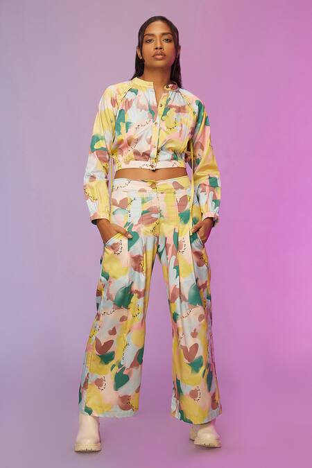 Shop So Us By Sougatpaul Multi Color Cotton Mandarin Collar Chilltints Printed Shirt And Pant Set Online at Aza Fashions Shop_So Us By Sougatpaul_Multi Color Cotton Mandarin Collar Chilltints Printed Shirt And Pant Set _Online_at_Aza_Fashions