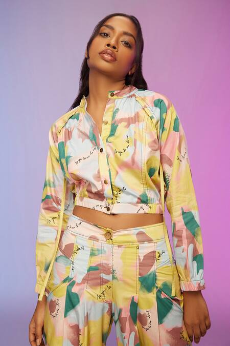 Buy So Us By Sougatpaul Multi Color Cotton Mandarin Collar Chilltints Printed Shirt And Pant Set Buy_So Us By Sougatpaul_Multi Color Cotton Mandarin Collar Chilltints Printed Shirt And Pant Set