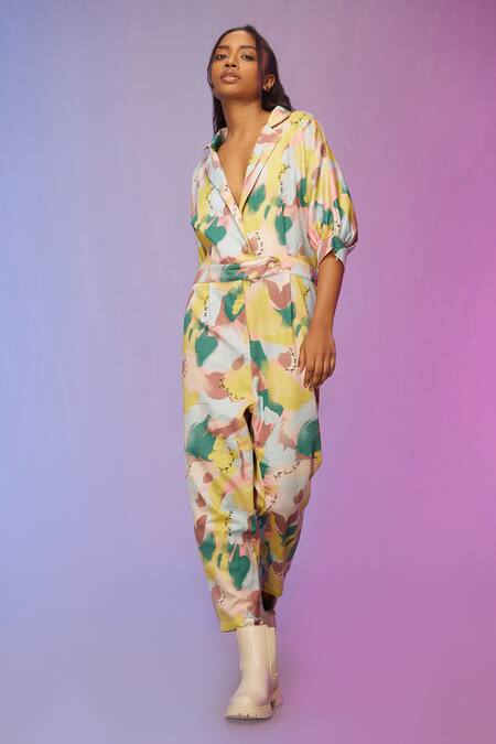 So Us By Sougatpaul_Multi Color Cotton Collared Streetwise Printed Romper _Online_at_Aza_Fashions