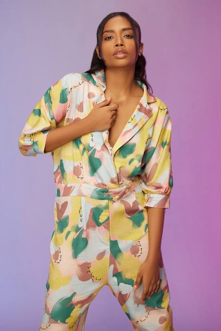 So Us By Sougatpaul_Multi Color Cotton Collared Streetwise Printed Romper _at_Aza_Fashions