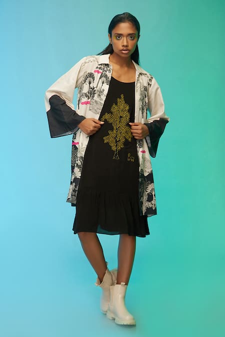 So Us By Sougatpaul_Black Cotton Embroidery Round Neck, Collared Boho Babe Dress With Jacket _Online_at_Aza_Fashions