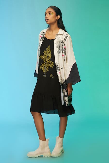 Buy_So Us By Sougatpaul_Black Cotton Embroidery Round Neck, Collared Boho Babe Dress With Jacket _Online_at_Aza_Fashions