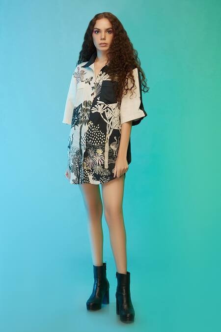 So Us By Sougatpaul_Black Cotton Collared Urban Safari Print Shirt Dress _Online_at_Aza_Fashions