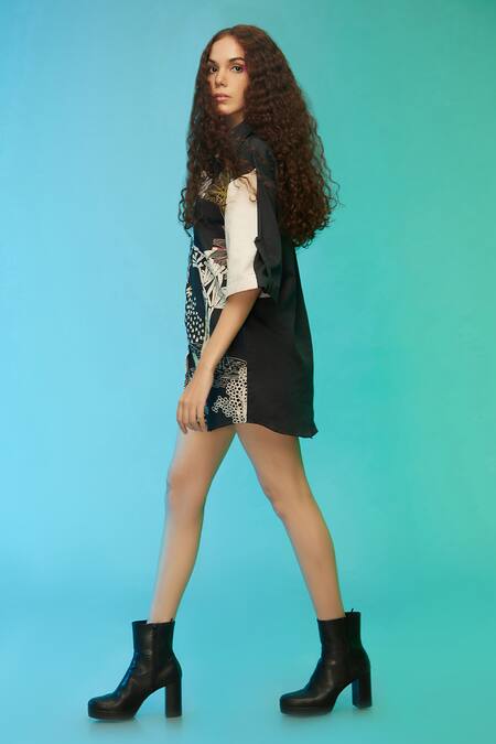 Buy_So Us By Sougatpaul_Black Cotton Collared Urban Safari Print Shirt Dress _Online_at_Aza_Fashions
