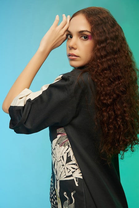 So Us By Sougatpaul_Black Cotton Collared Urban Safari Print Shirt Dress _at_Aza_Fashions
