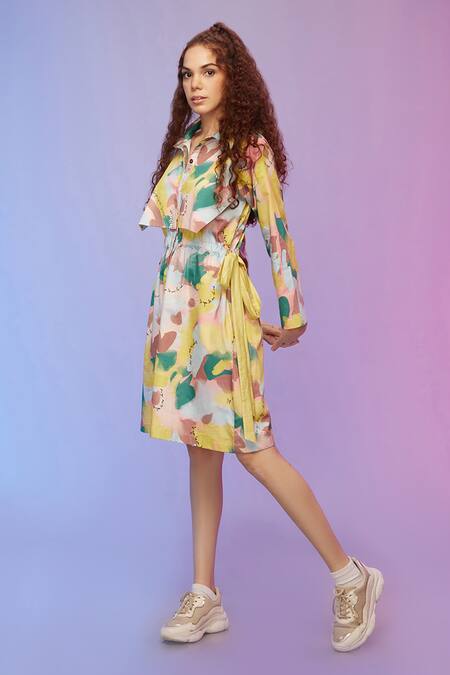 Buy_So Us By Sougatpaul_Multi Color Cotton Collared Lively Printed Bib Dress _Online_at_Aza_Fashions